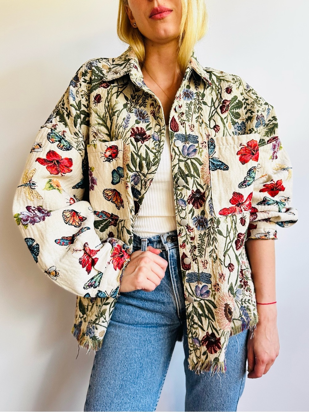 POL Floral Butterfly Tapestry Fringed Oversized Shacket Jacket Boho Cottage